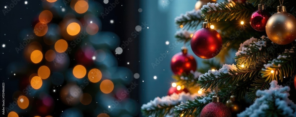 Festive Christmas tree with shiny ornaments and glittering lights, ribbons, snowy, sparkles Festive Christmas tree with shiny ornaments and glittering lights, ribbons, snowy, sparkles