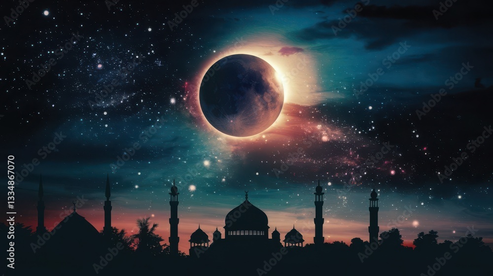 Solar eclipse over mosque silhouette with starry sky Solar eclipse over mosque silhouette with starry sky