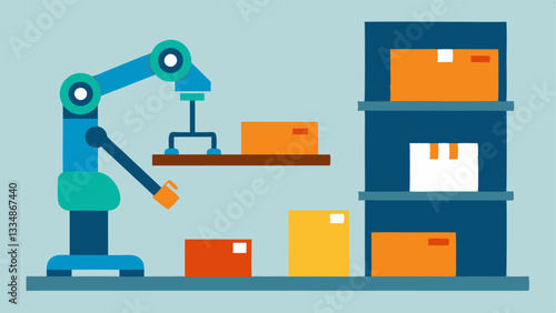 Pick and Place Robot A robot equipped with a suction gripper picking items from a shelf and placing them into a box highlighting the precision of automation in order fulfillment.