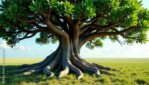 Large Acacia concinna tree with gnarled trunk and twisted roots, acacia, trunk, roots photo