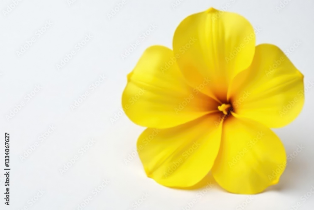 Large bright yellow flower against a plain white surface, brightness, petals, isolation Large bright yellow flower against a plain white surface, brightness, petals, isolation