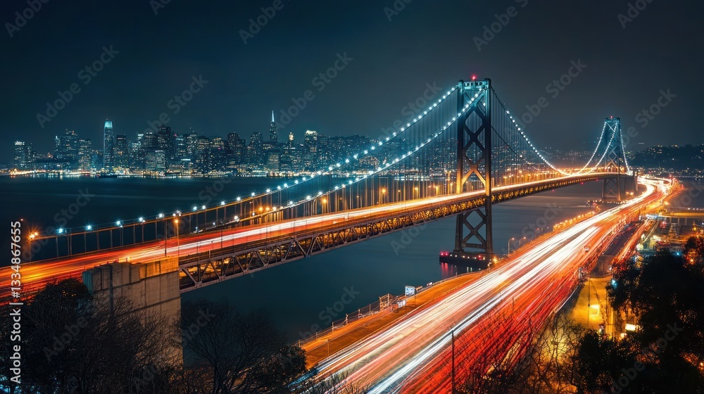 Naklejka premium Majestic city bridge illuminated at night with blurred traffic lights streaks
