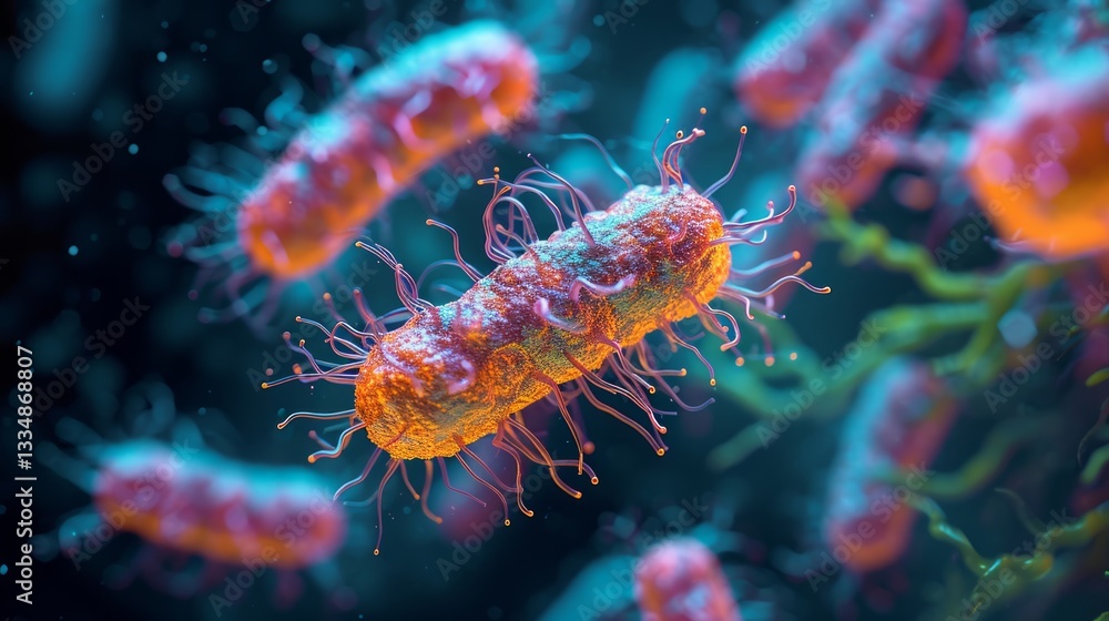 Microscopic view of a swarm of dangerous colorful bacteria cells multiplying and swimming in a dark bluish environment, science concept Microscopic view of a swarm of dangerous colorful bacteria cells multiplying and swimming in a dark bluish environment, science concept
