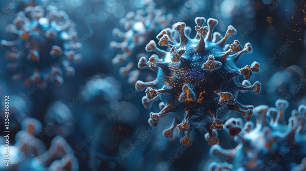 Microscopic view of infectious virus cell with spikes, representing disease outbreak and epidemic spread, blue tones convey scientific atmosphere, blurred background with virus particles. Microscopic view of infectious virus cell with spikes, representing disease outbreak and epidemic spread, blue tones convey scientific atmosphere, blurred background with virus particles.