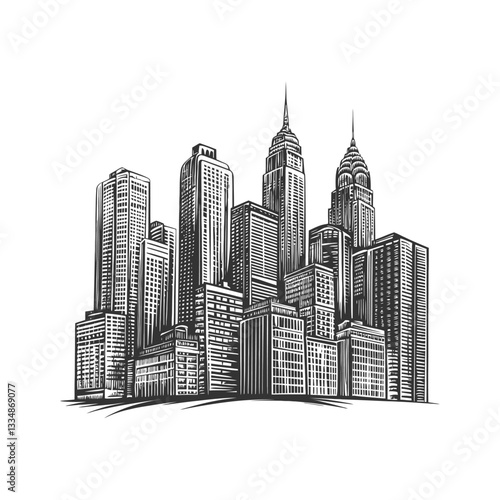 Black and White City Skyline Illustration with Tall Buildings and Towers