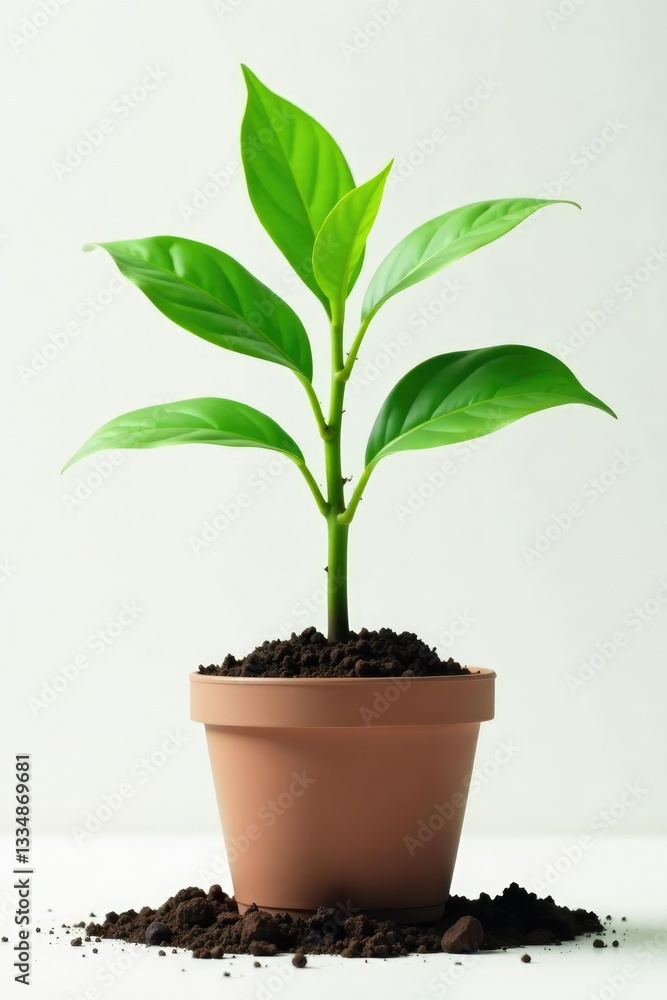 Stem and leaves of a potted plant in isolation, flora, soil Stem and leaves of a potted plant in isolation, flora, soil
