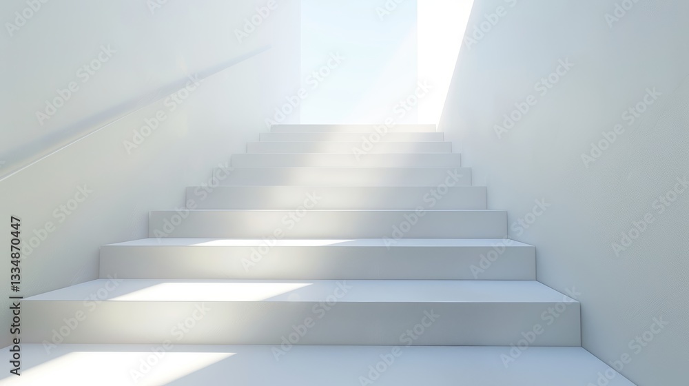 Minimalist white staircase ascending towards a bright opening, symbolizing progress, aspiration, and a brighter future in clean architectural design Minimalist white staircase ascending towards a bright opening, symbolizing progress, aspiration, and a brighter future in clean architectural design