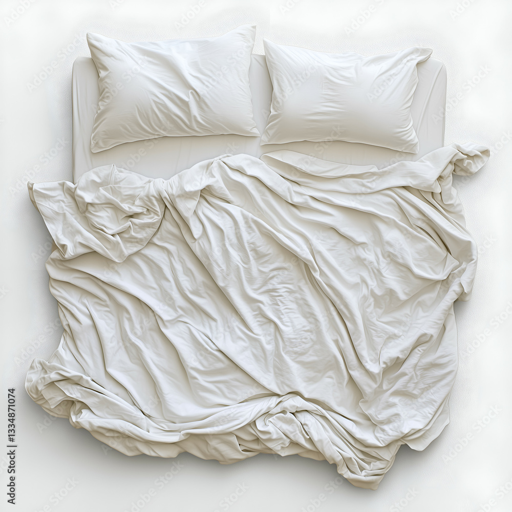Obraz premium Luxury Bedding and Minimalist Interior with Wrinkled White Linens and Navy Blue Accents - Modern, Cozy, Serene Bedroom Design in Natural Light