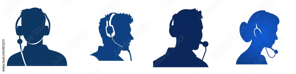 Blue Silhouettes of People Wearing Headsets isolated on white or transparent png Blue Silhouettes of People Wearing Headsets isolated on white or transparent png