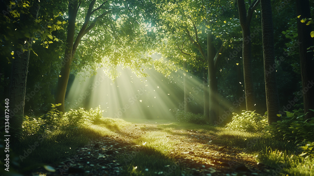 Fototapeta premium Beautiful sunlight rays streaming through trees in a magical green forest