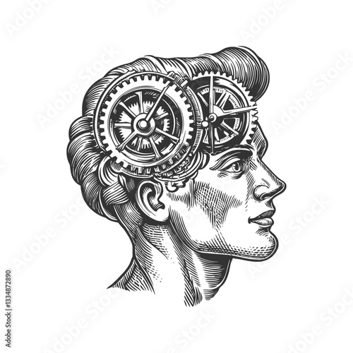 Vintage Illustration of a Human Head with Gears and Mechanisms