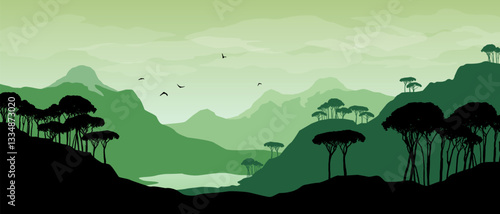 Beautiful flat wide vector landscape with a lake in front of mountains surrounded with subtropical trees.