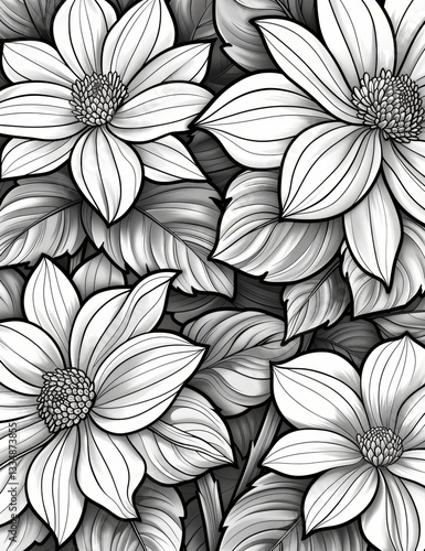 Wallpaper Mural Monochrome floral arrangement featuring detailed white flowers and textured leaves creating an elegant and visually engaging natural pattern, great for backgrounds Torontodigital.ca