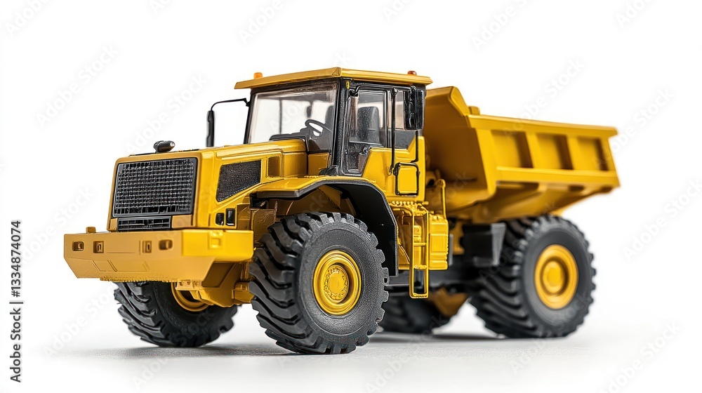 Yellow dump truck model, studio shot, white background, construction equipment Yellow dump truck model, studio shot, white background, construction equipment