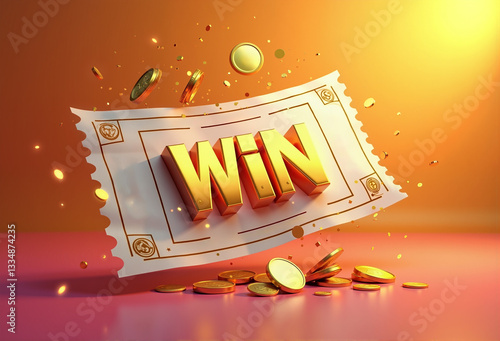 Golden lottery ticket with the inscription 'WIN' and gold coins