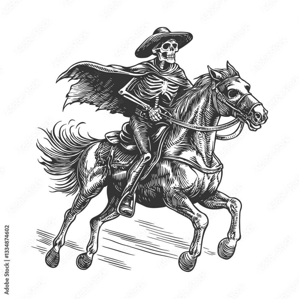 Skeleton Rider in Cape Galloping on Horse in Vintage Style Artwork Skeleton Rider in Cape Galloping on Horse in Vintage Style Artwork