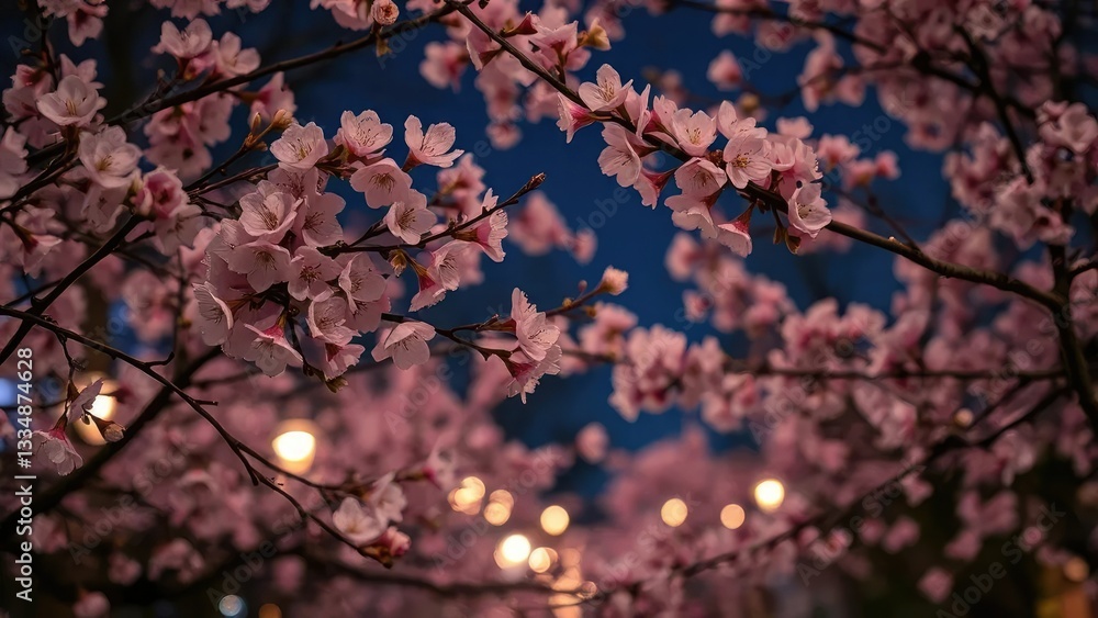 Delicate cherry blossoms are gently swept away by a soft breeze on a romantic night scene, romance, blooming flowers Delicate cherry blossoms are gently swept away by a soft breeze on a romantic night scene, romance, blooming flowers