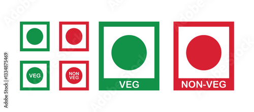 Veg Non-Veg Symbol Vector. Food Label, Dietary Icon, Vegetarian Mark, Non-Vegetarian Badge, Meal Classification, Green Dot, Red Circle, Restaurant Sign, Packaging Indicator, Nutrition Tag