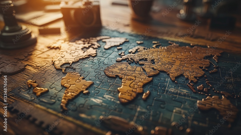 Naklejka premium World map jigsaw puzzle partially assembled on wooden table with travel accessories