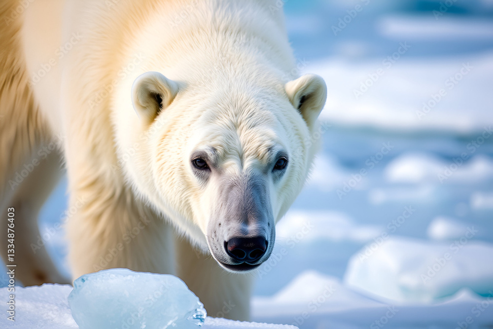 Majestic polar bear in Arctic wilderness staring at the camera with piercing eyes, surrounded by icy blue frozen landscape, symbolizing wildlife conservation, climate change, and natural beauty Majestic polar bear in Arctic wilderness staring at the camera with piercing eyes, surrounded by icy blue frozen landscape, symbolizing wildlife conservation, climate change, and natural beauty