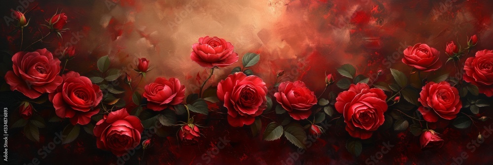 Opulent arrangement of vibrant red roses with deep green foliage against a rich, textured background, evoking a sense of romantic luxury. Opulent arrangement of vibrant red roses with deep green foliage against a rich, textured background, evoking a sense of romantic luxury.