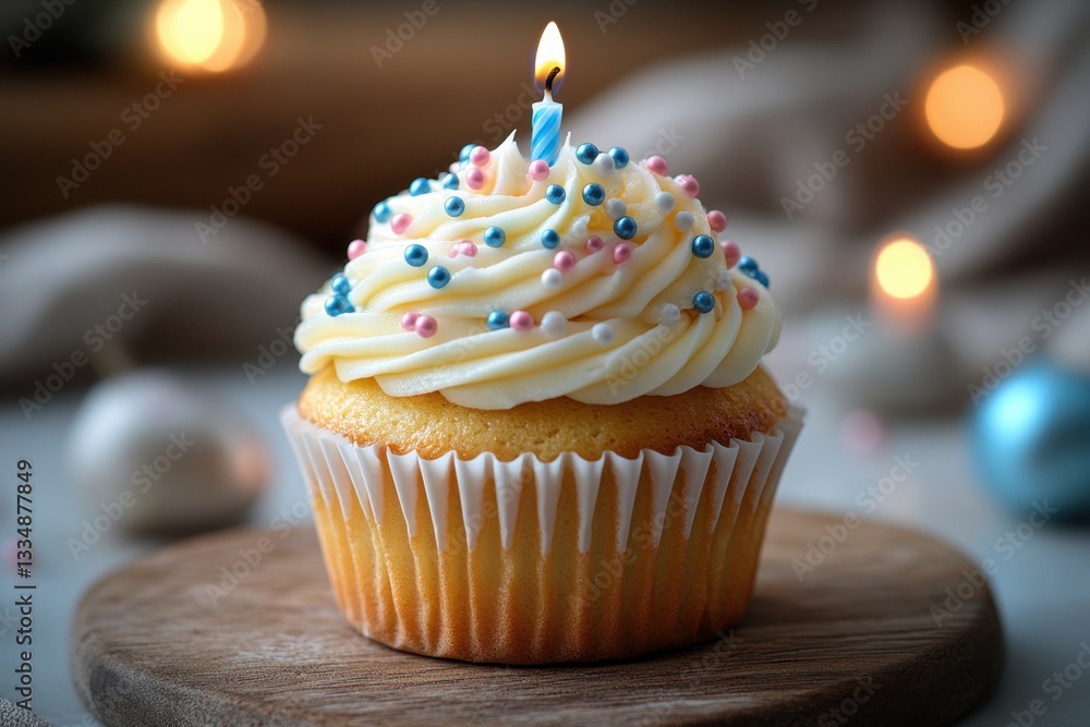 A delicious cupcake with a lit candle and colorful sprinkles celebrates a special occasion. A delicious cupcake with a lit candle and colorful sprinkles celebrates a special occasion.