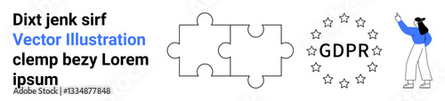 Two puzzle pieces, a GDPR surrounded by stars, and a woman pointing reflect collaboration, regulation, privacy, data security, teamwork, law and compliance. Ideal for legal websites or simple
