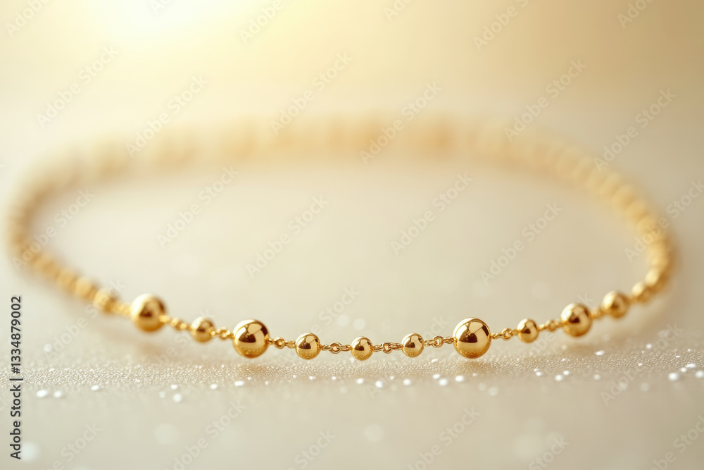 Gold bracelet adorned with five balls, set against a soft pink background, reflecting light beautifully. Gold bracelet adorned with five balls, set against a soft pink background, reflecting light beautifully.