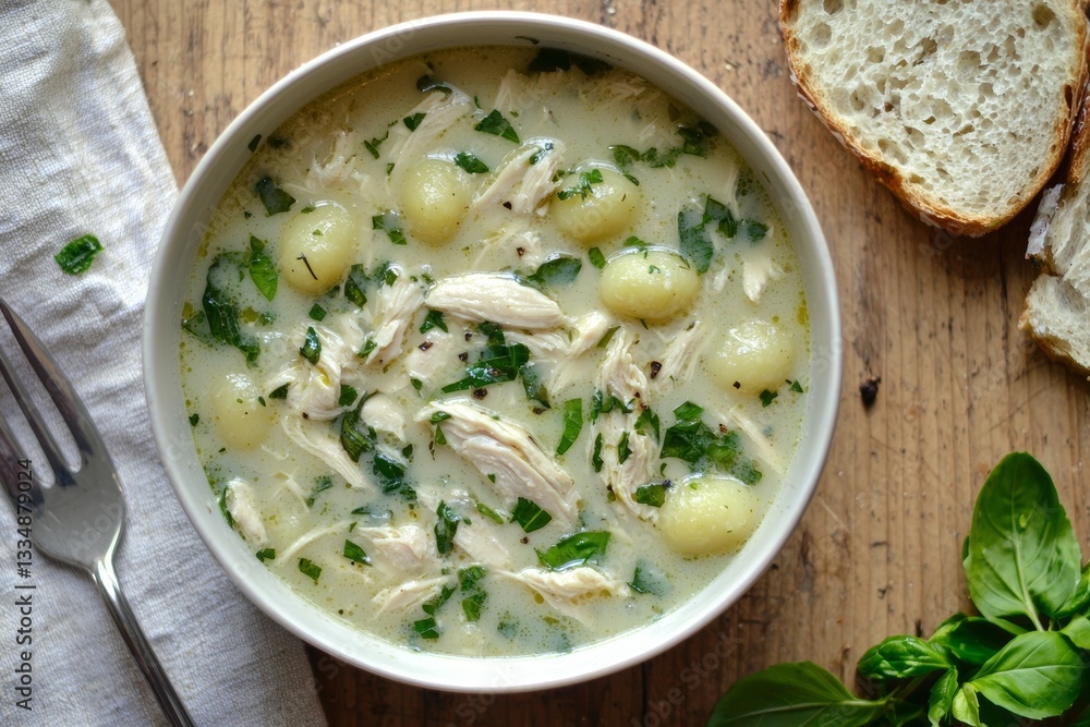 Overhead close up view of a creamy soup with chicken, gnocchi, and herbs in a white bowl served with bread. Overhead close up view of a creamy soup with chicken, gnocchi, and herbs in a white bowl served with bread.