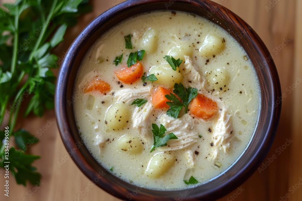 Overhead close up view of delicious homemade creamy chicken gnocchi soup with carrots and fresh parsley in a rustic wooden bowl on a wooden surface Overhead close up view of delicious homemade creamy chicken gnocchi soup with carrots and fresh parsley in a rustic wooden bowl on a wooden surface