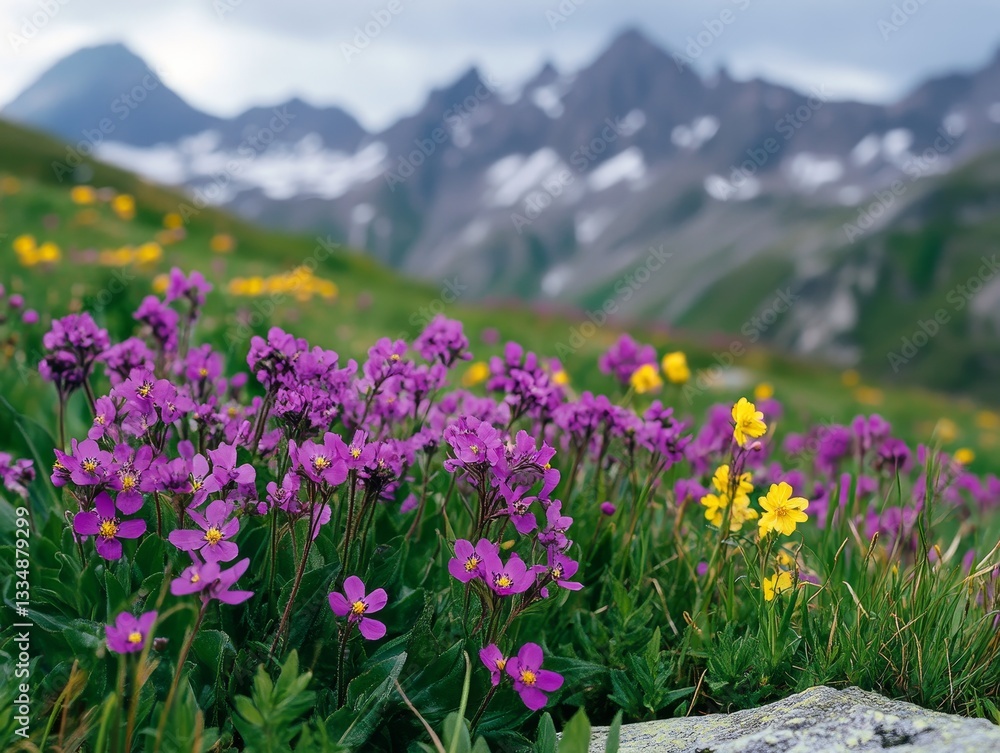 Alpine Meadow Symphony: Purple and Yellow Flowers with Majestic Mountain Backdrop - A Breathtaking Landscape of Nature's Beauty in Full Bloom Alpine Meadow Symphony: Purple and Yellow Flowers with Majestic Mountain Backdrop - A Breathtaking Landscape of Nature's Beauty in Full Bloom