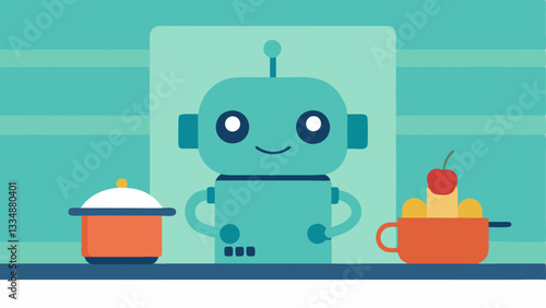 Robot Helper in Kitchen A small robot with a friendly face is chopping vegetables on a countertop while a pot simmers on the stove. The kitchen is bright and cheerful.