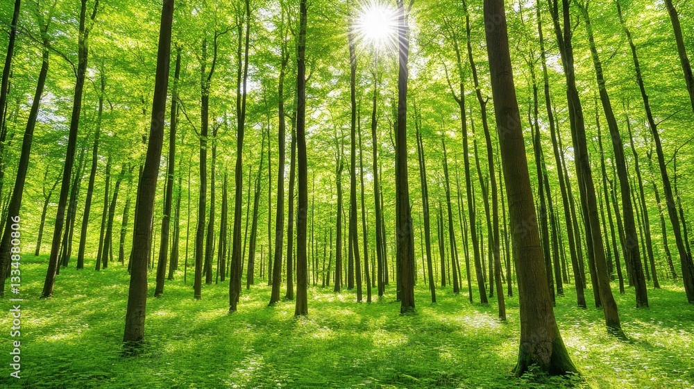 Fototapeta premium Sunlit Green Forest Trees Lush Undergrowth