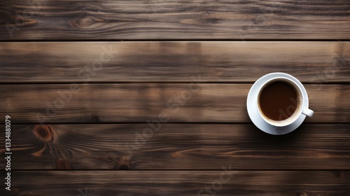 Overhead view of a steaming cup of dark roasted coffee served in a white ceramic cup and saucer placed on a rustic dark brown wooden table surface