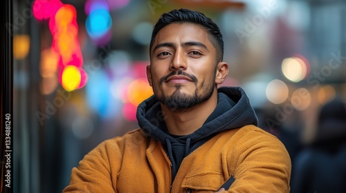 Confident man outdoors in city, urban portrait