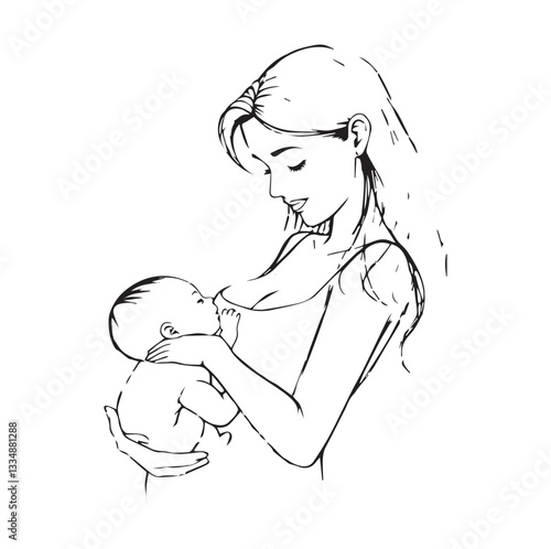 Breastfeeding mom outline illustration. Flat vector illustration. Breast feeding concept
200  Vector illustration: a breastfeeding mother and child icon with a bright, vibrant color palette. Editable 