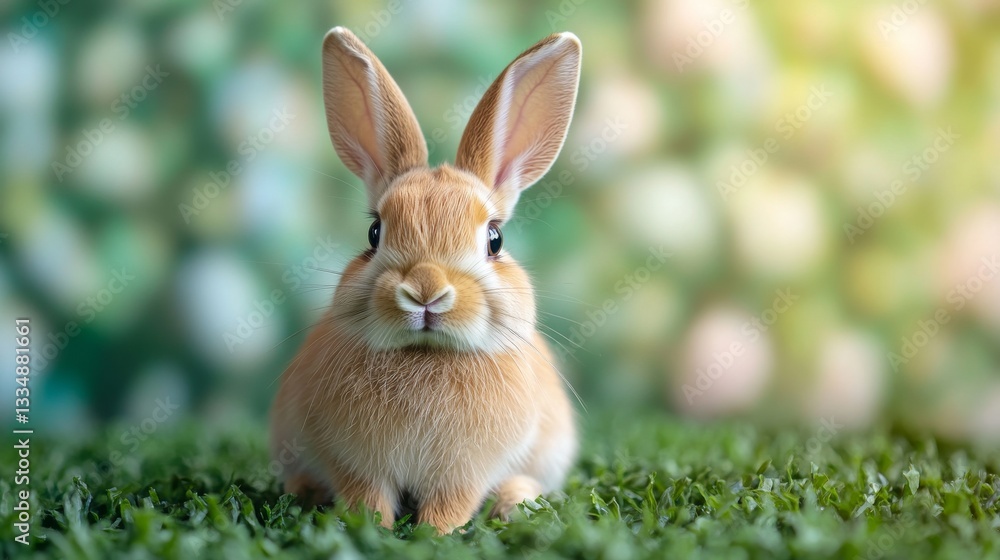 Fototapeta premium Cute brown bunny resting on green grass under soft lighting in a serene outdoor setting during the afternoon