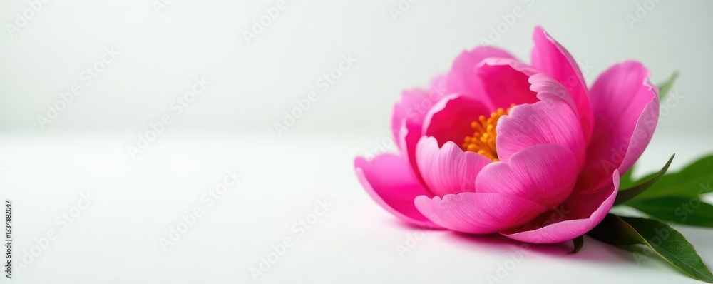 Delicate peony petals gently unfurl on a crisp white surface, flowers, white background Delicate peony petals gently unfurl on a crisp white surface, flowers, white background