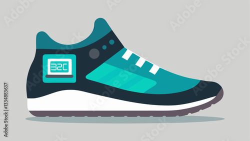Responsive Footwear Sneakers that adjust their cushioning and design patterns according to the terrain with a digital display showing the mode urban trail etc. on the side.
