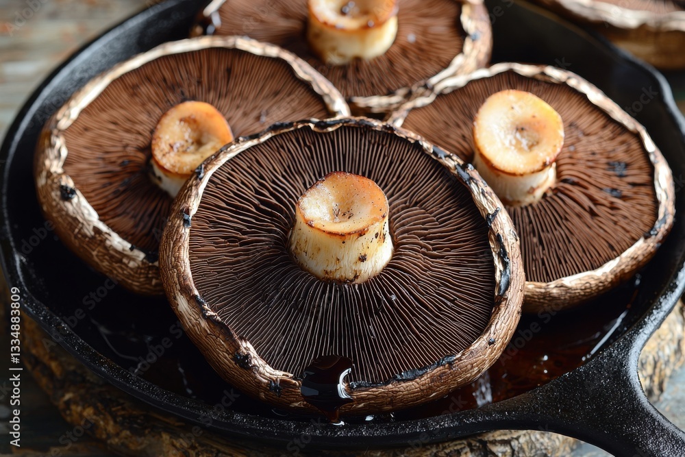Close-up of grilled portobello mushrooms with caramelized stems, plated on a rustic cast iron skillet, highlighting the texture and details of the delicious vegan dish. Close-up of grilled portobello mushrooms with caramelized stems, plated on a rustic cast iron skillet, highlighting the texture and details of the delicious vegan dish.