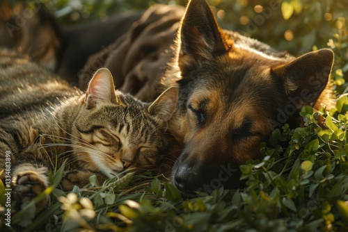 Wallpaper Mural Peaceful afternoon nap with a dog and a cat sleeping together in the green grass, symbolizing friendship, love, and peaceful companionship Torontodigital.ca