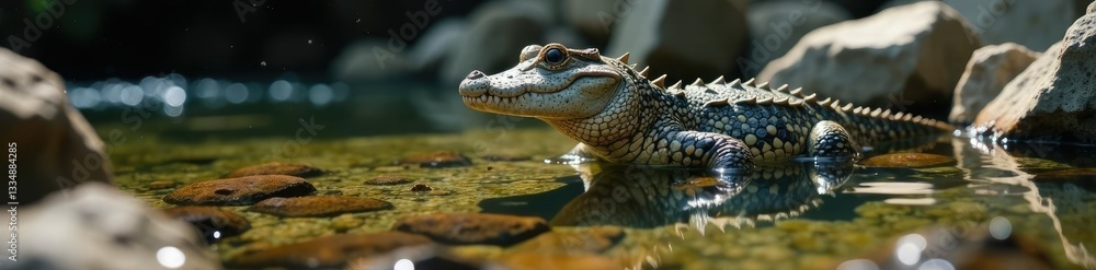 Fototapeta premium Crocodile newt in a rocky pool with water flowing through, mountainous, aquatic life, herpetology