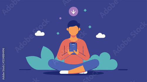 Mindfulness App An individual using a smartphone with a mindfulness app open with serene graphics emanating from the phone promoting digital mindfulness practices.