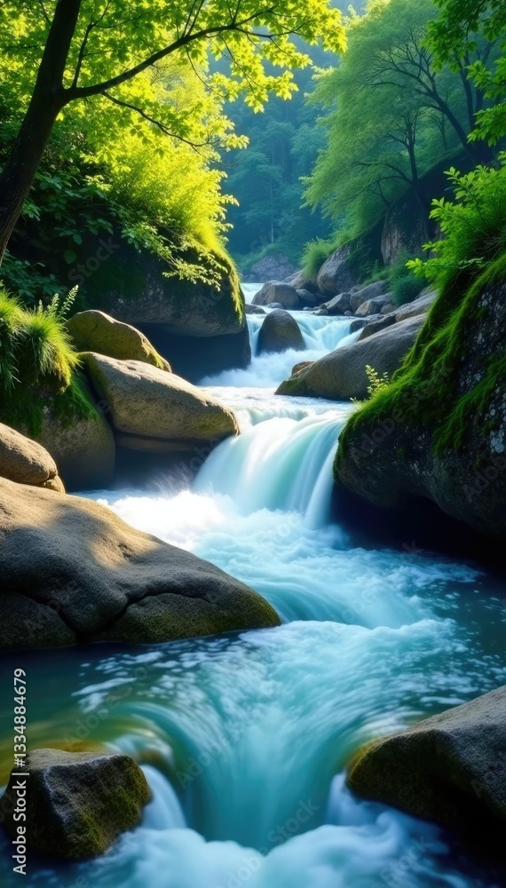 Naklejka premium Crystal clear river flowing through a waterfall, stream, flow, clean