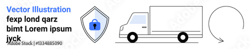 Delivery truck, shield with padlock, and circular arrow signifying logistics, transportation protection, secure delivery, reliability, supply chain flow, and sustainability. Ideal for e-commerce