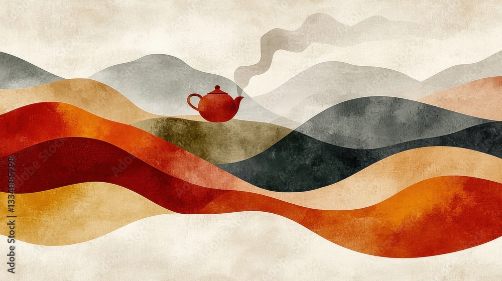 Naklejka premium Abstract landscape with teapot silhouette and colorful wavy hills in warm tones and soft textures