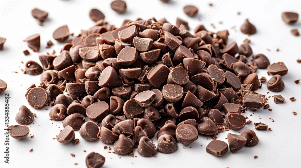 Obraz premium Pile of delectable chocolate chips on a pristine white surface, perfect for baking and dessert imagery that entices viewers, and sparks sweet cravings.