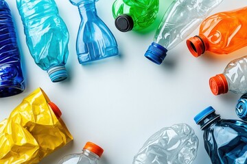 Top view of colorful, crushed plastic bottles forming a border around white space, emphasizing recycling and environmental responsibility, and waste reduction initiatives.