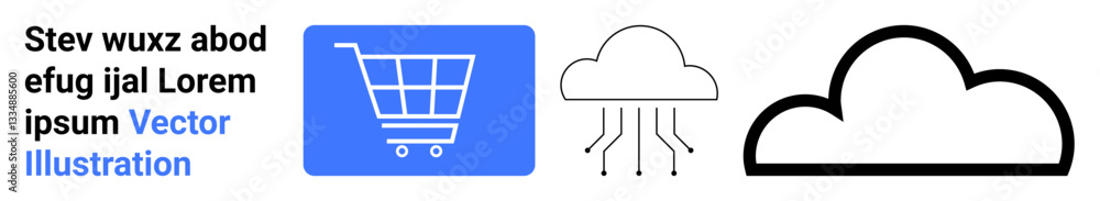 Shopping cart icon, cloud outline, cloud with data lines representing e-commerce, cloud storage, digital data, connectivity, technology, business, ideal for simple landing page Shopping cart icon, cloud outline, cloud with data lines representing e-commerce, cloud storage, digital data, connectivity, technology, business, ideal for simple landing page