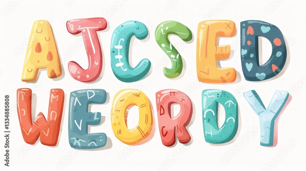 Playful and bright decorative alphabet letters in various colors and designs against a clean white backdrop, suitable for children's themes Playful and bright decorative alphabet letters in various colors and designs against a clean white backdrop, suitable for children's themes